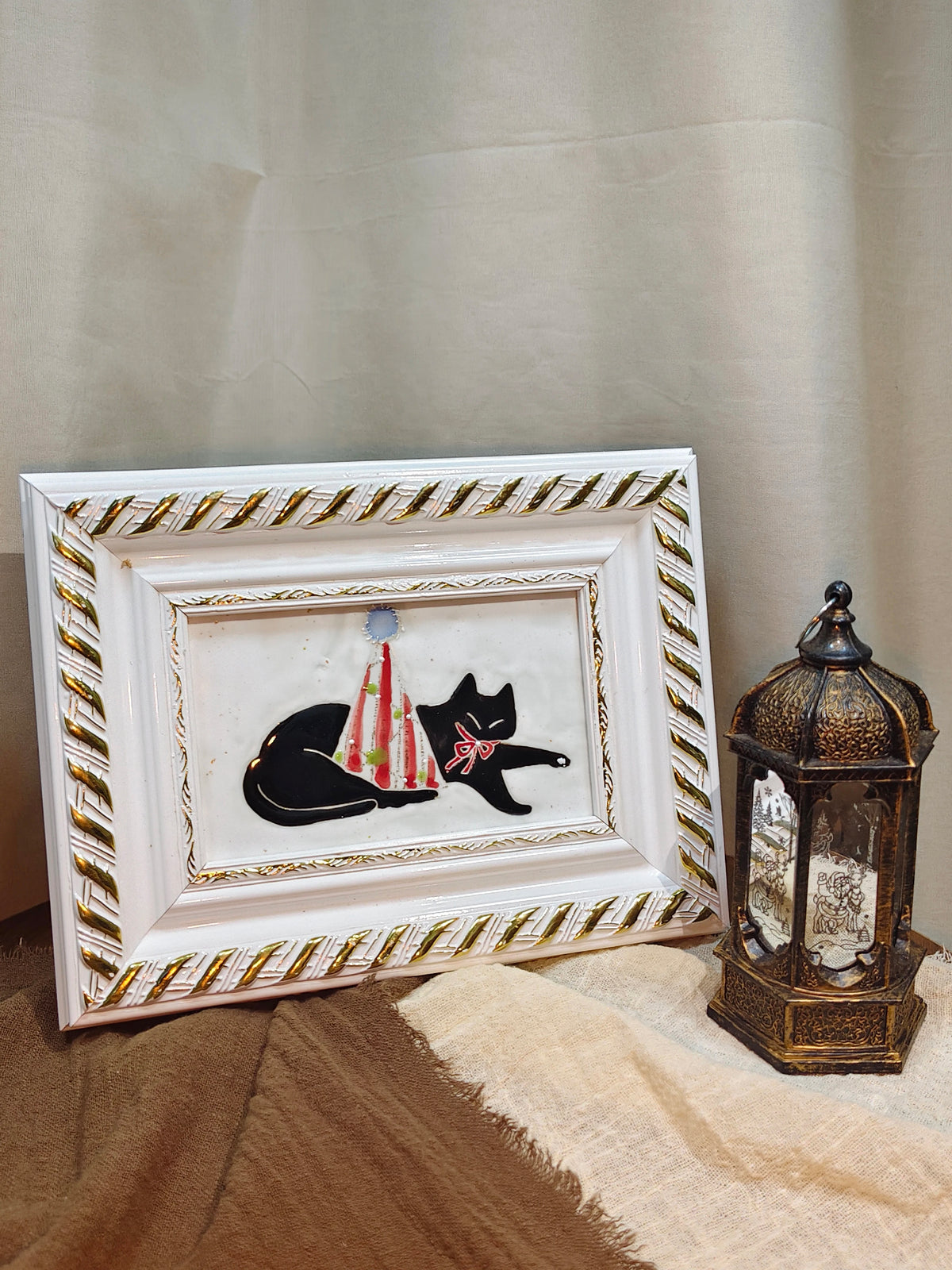 Cute Cat Hand Painted Ceramic Tile Art | Kiln Fired Original Handmade Pet Lover Home Decor Plaque