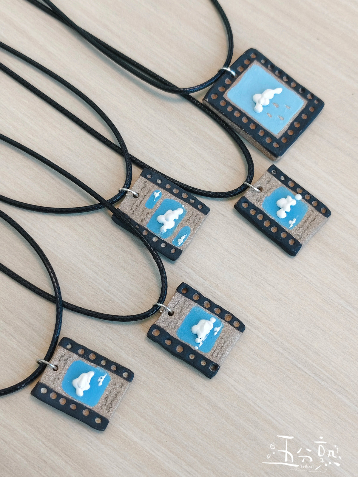 3D Stereo Glaze Cloud Ceramic Necklace | Handmade Retro Film Strip Blue Sky Art Pendant Wax Cord Necklace