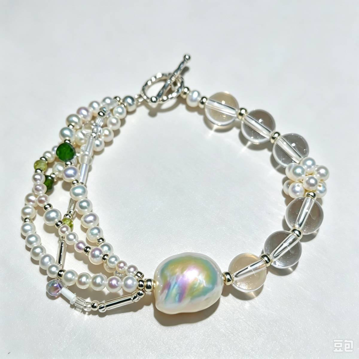 Double Strand Baroque Pearl Clear Quartz Crystal Bracelet Handmade Natural Gemstone OT Clasp Jewelry