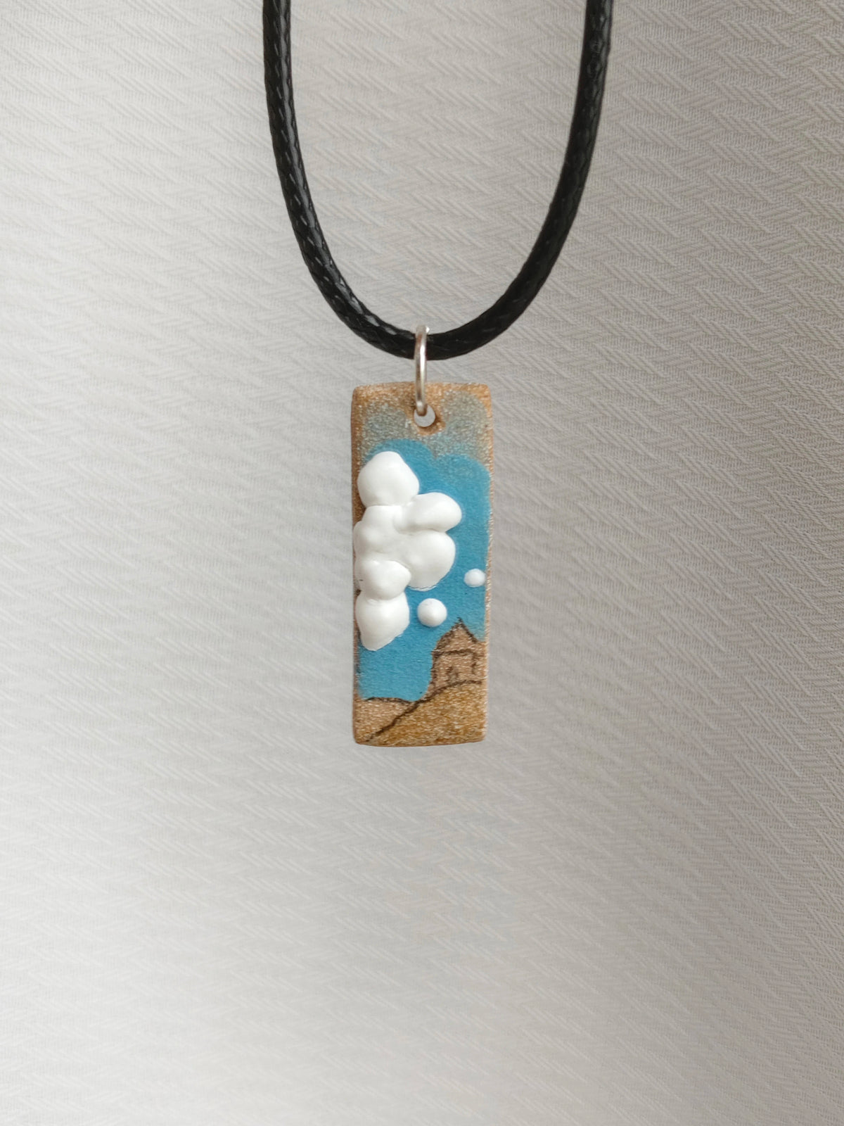 3D Stereo Glaze Cloud Ceramic Necklace | Handmade Retro Film Strip Blue Sky Art Pendant Wax Cord Necklace