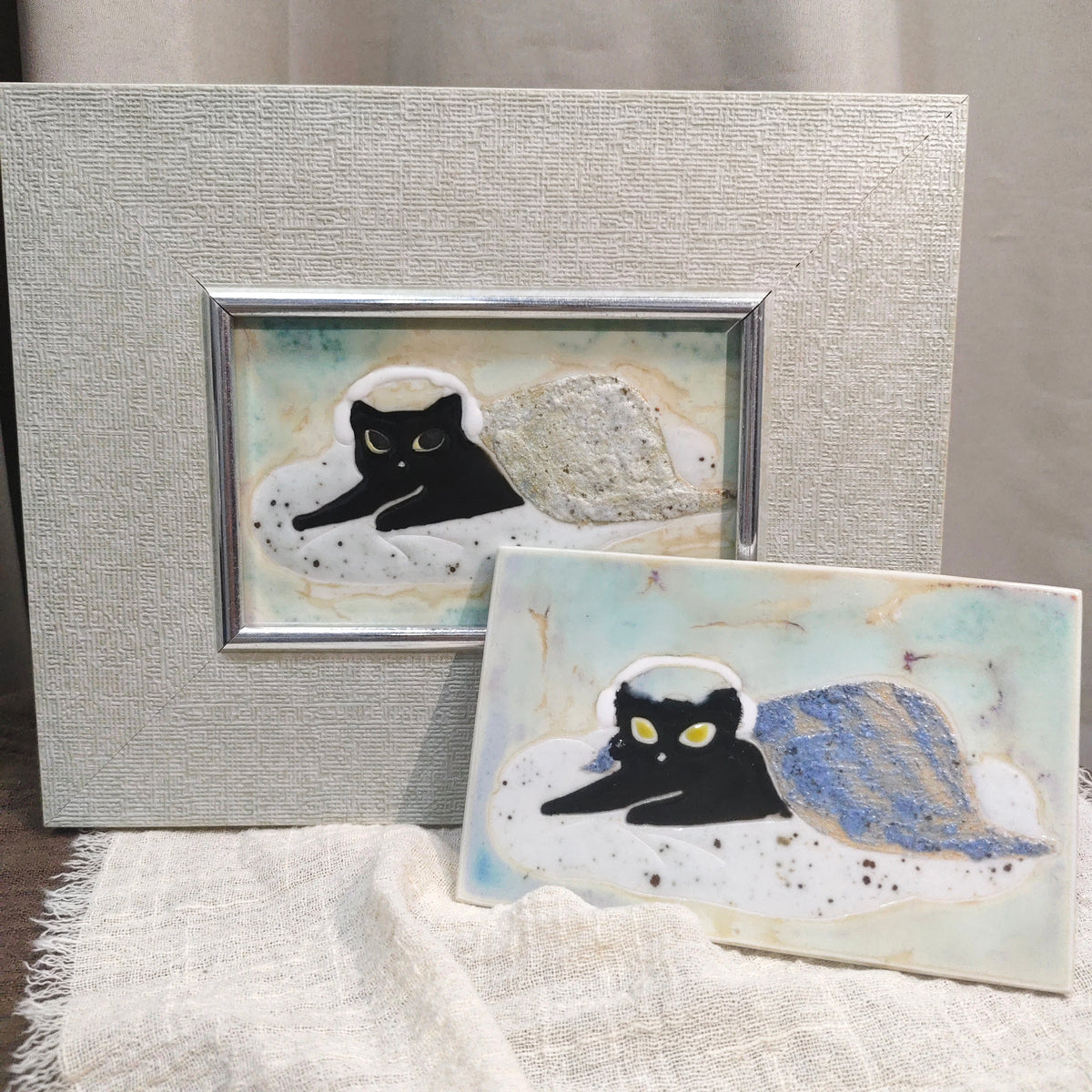 Mini Handmade Cat Ceramic Art Plaque | Original Artist Hand Painted Kitty Desktop Ornament