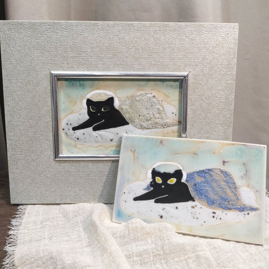 Mini Handmade Cat Ceramic Art Plaque | Original Artist Hand Painted Kitty Desktop Ornament