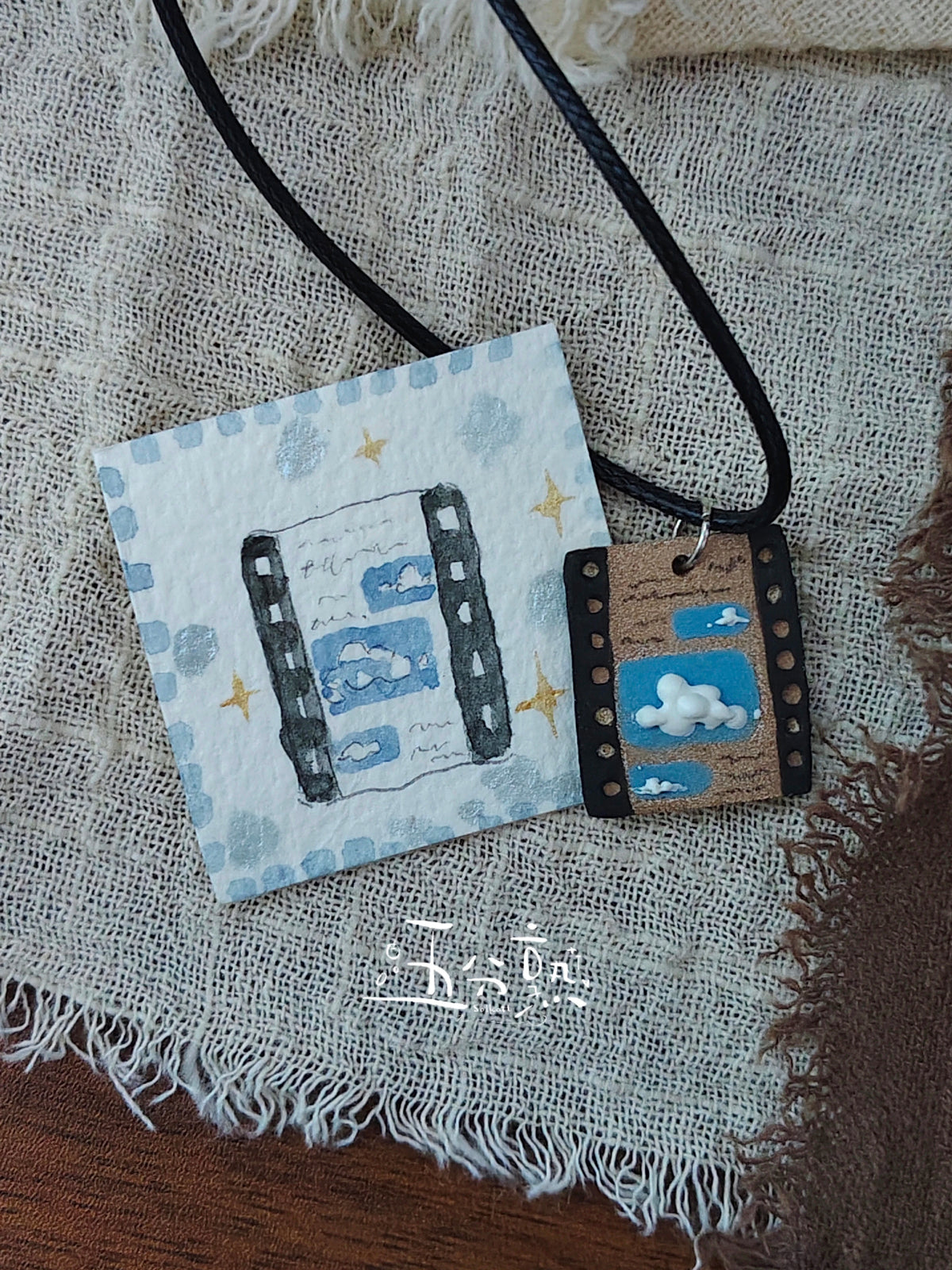 3D Stereo Glaze Cloud Ceramic Necklace | Handmade Retro Film Strip Blue Sky Art Pendant Wax Cord Necklace