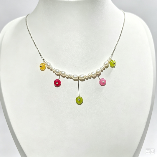 Handmade Multicolor Berry Drop Freshwater Pearl Necklace, Dainty Colorful Agate Charm Choker for Women