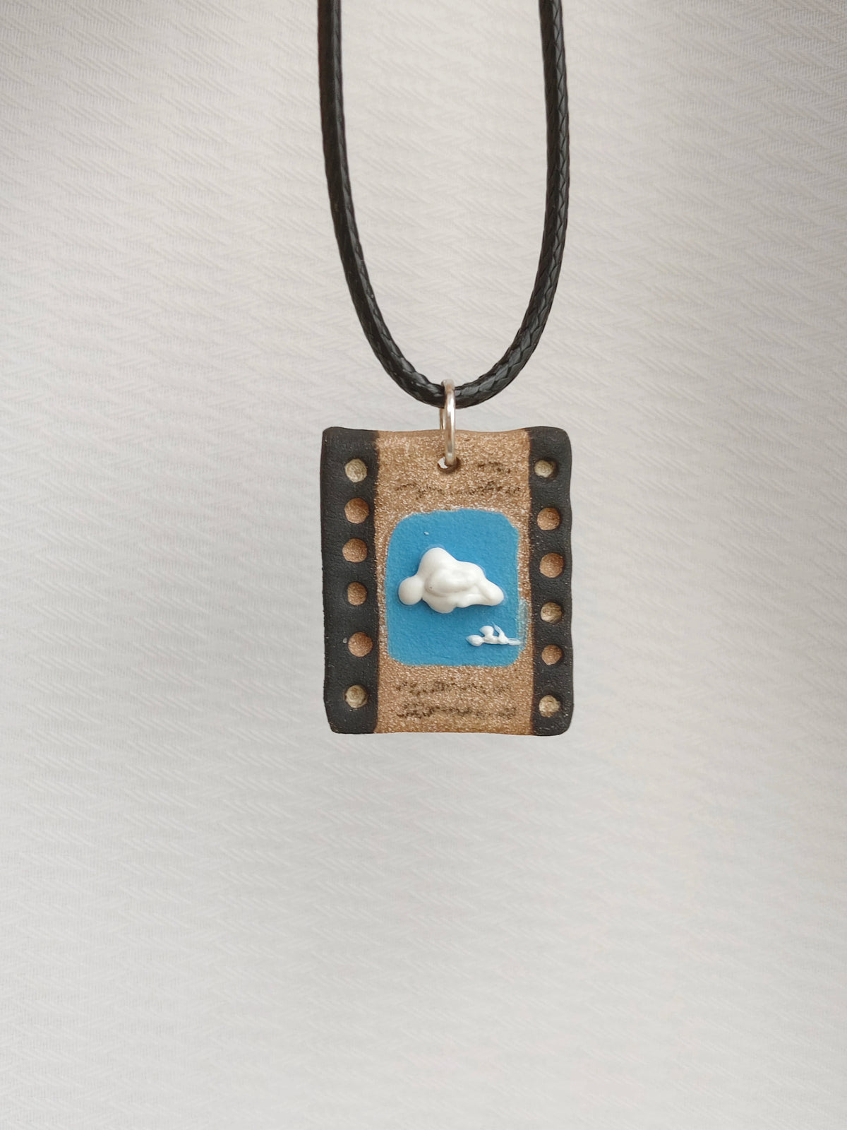 3D Stereo Glaze Cloud Ceramic Necklace | Handmade Retro Film Strip Blue Sky Art Pendant Wax Cord Necklace