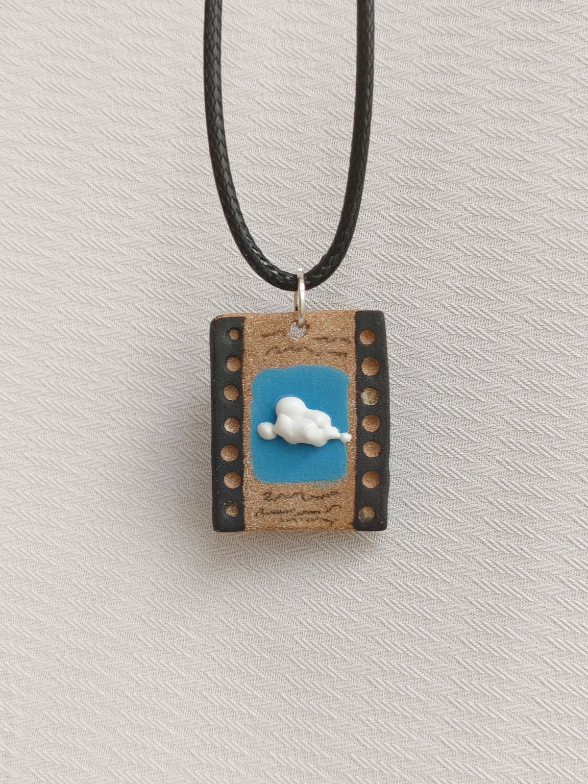 3D Stereo Glaze Cloud Ceramic Necklace | Handmade Retro Film Strip Blue Sky Art Pendant Wax Cord Necklace