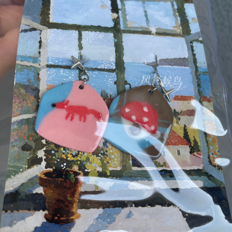 3D Stereo Little Fox & Red Mushroom Ceramic Drop Earrings | Handmade Unique Forest Theme Jewelry