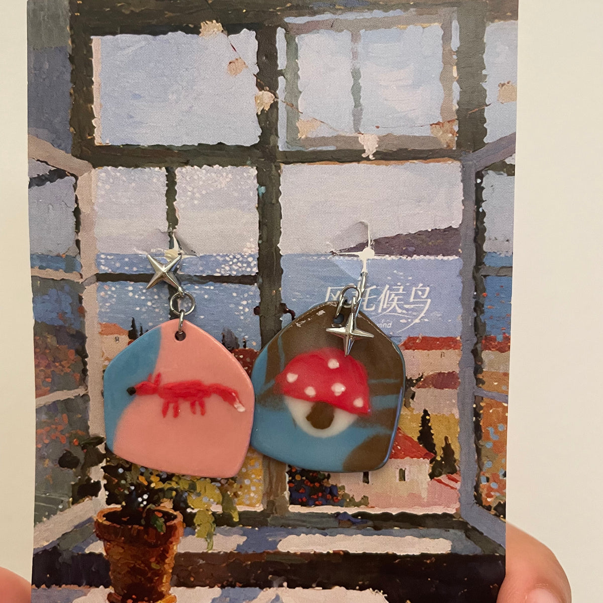 3D Stereo Little Fox & Red Mushroom Ceramic Drop Earrings | Handmade Unique Forest Theme Jewelry