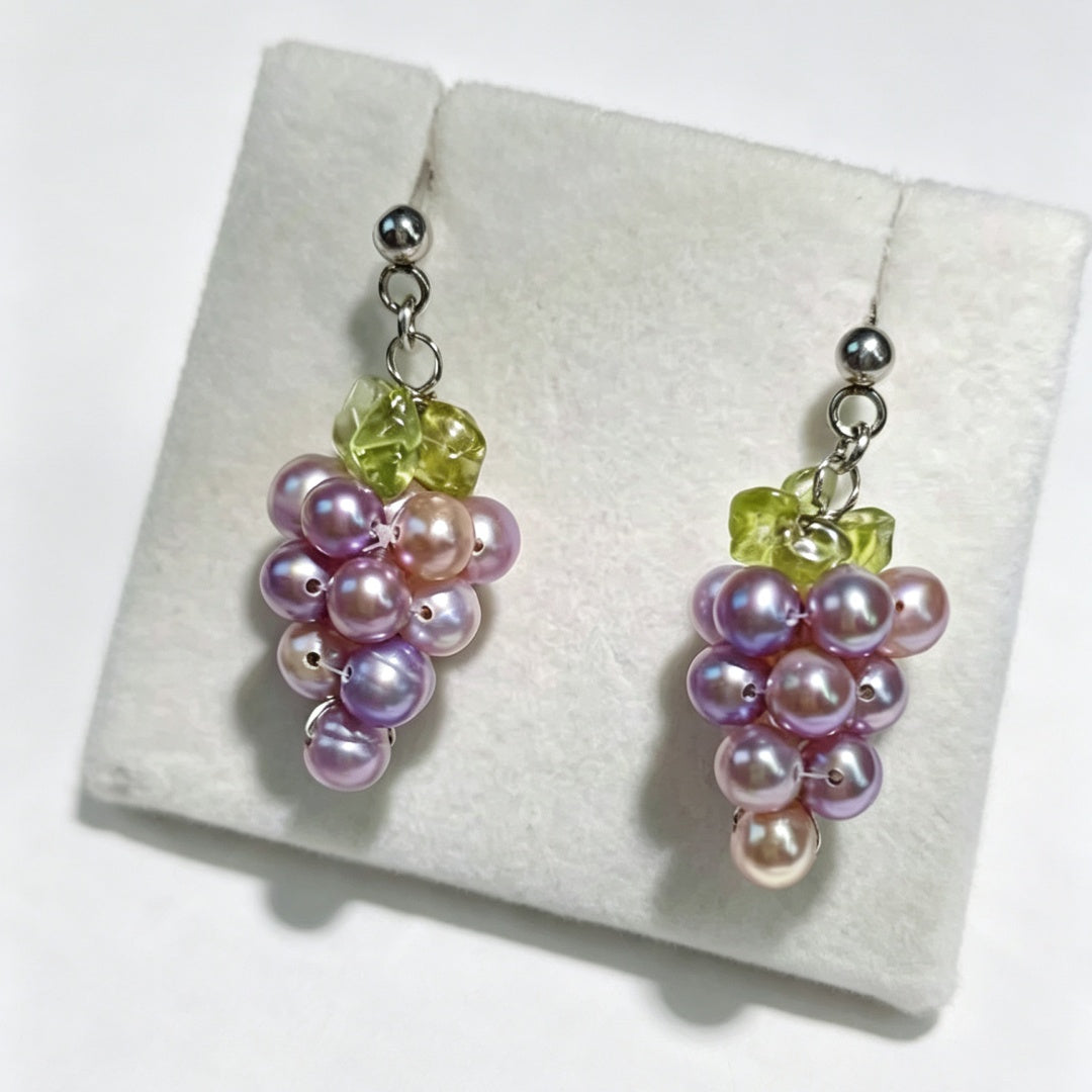 Natural Freshwater Pearl Grape Cluster Dangle Earrings Handmade Purple Fruit Drop Jewelry