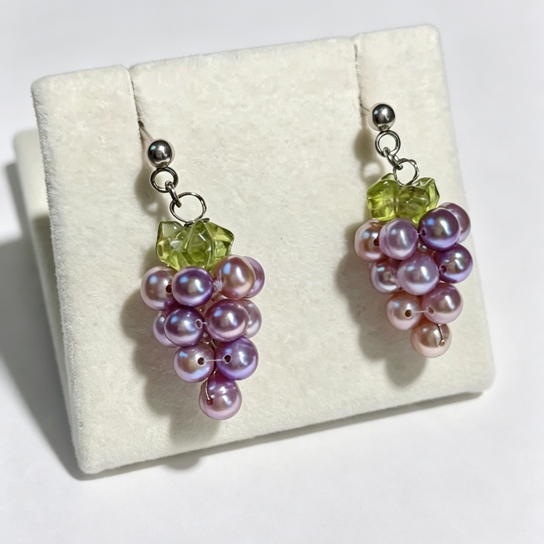 Natural Freshwater Pearl Grape Cluster Dangle Earrings Handmade Purple Fruit Drop Jewelry