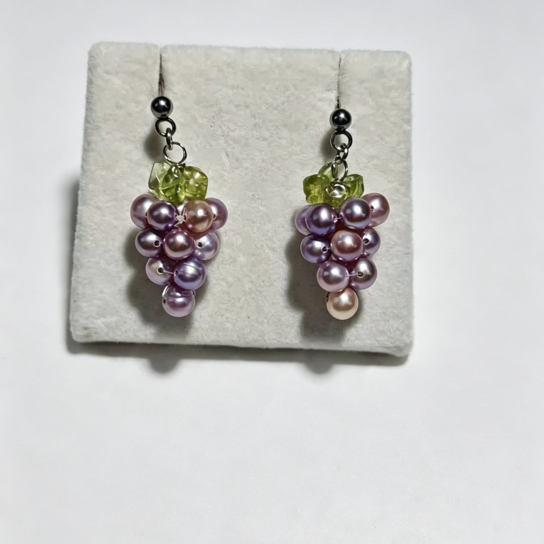 Natural Freshwater Pearl Grape Cluster Dangle Earrings Handmade Purple Fruit Drop Jewelry