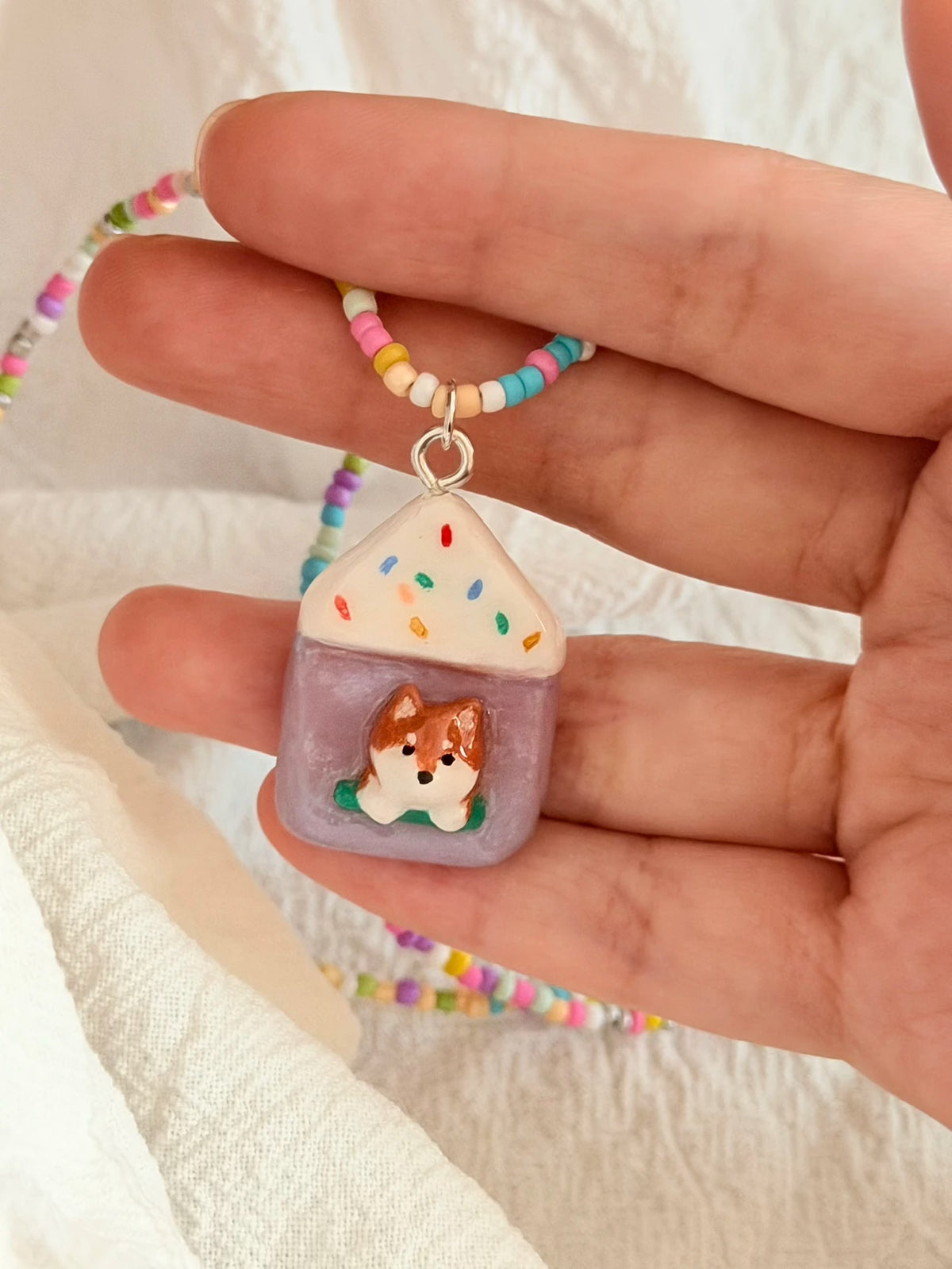 Handmade Clay Window Side Puppy Necklace | Pet Dog Stone Clay Jewelry With Durable Braided Rope