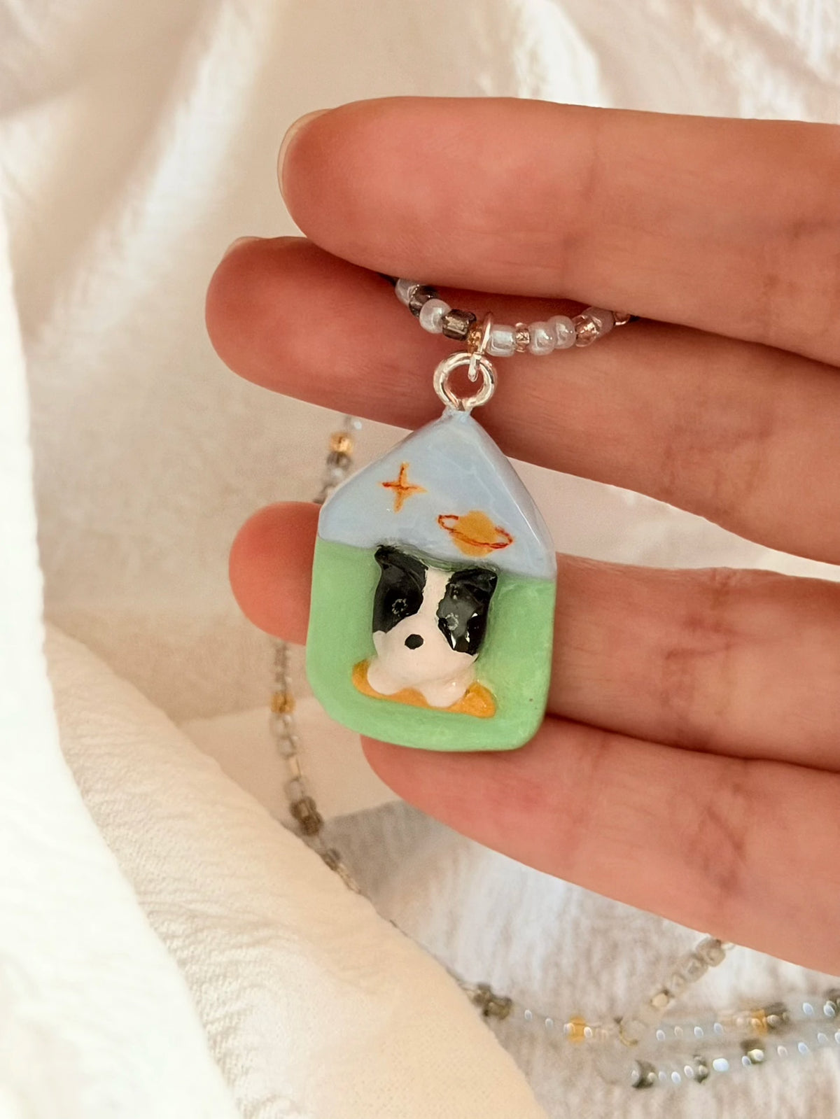 Handmade Clay Window Side Puppy Necklace | Pet Dog Stone Clay Jewelry With Durable Braided Rope